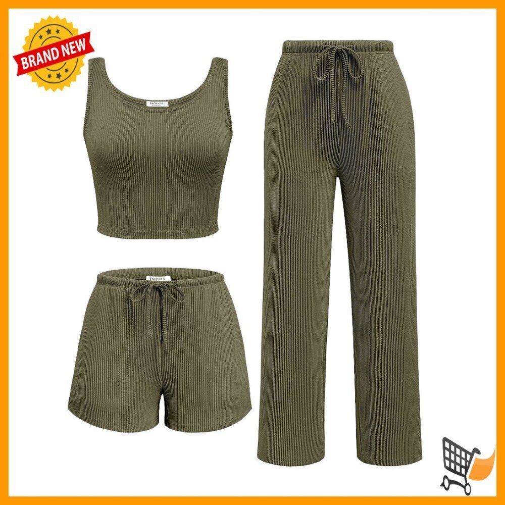 3 Piece Lounge Set Twisted Rib Knit Tank Top Shorts Pants Set With Pockets